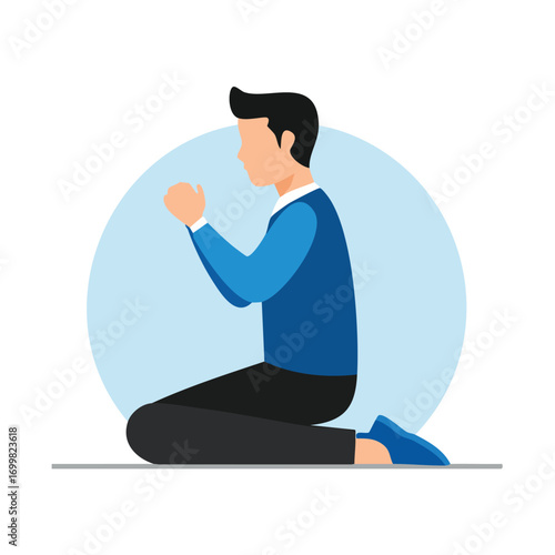 A stylized illustration of a man kneeling in prayer.