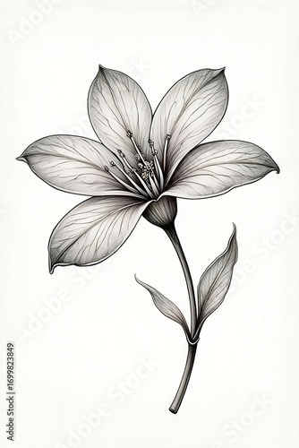 Beautiful hand-drawn illustration of a delicate lily flower with intricate details and shading on a plain background