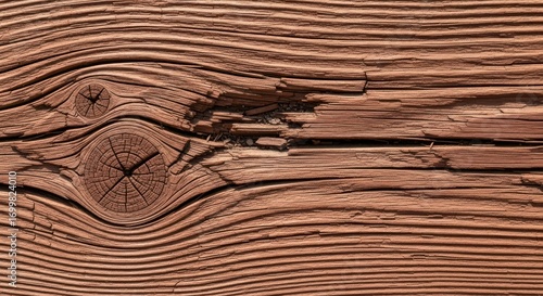 Detailed close-up of textured knotty redwood wood grain pattern