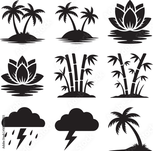 Black silhouette icons of tropical islands, plants, and weather Keywords: palm trees, tropical