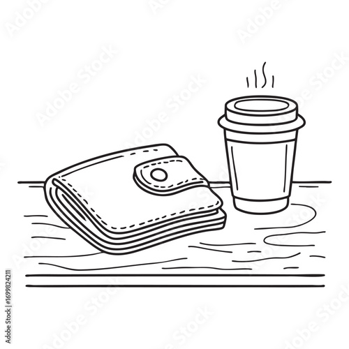 An illustration of a wallet on a wooden table with a paper cup of coffee