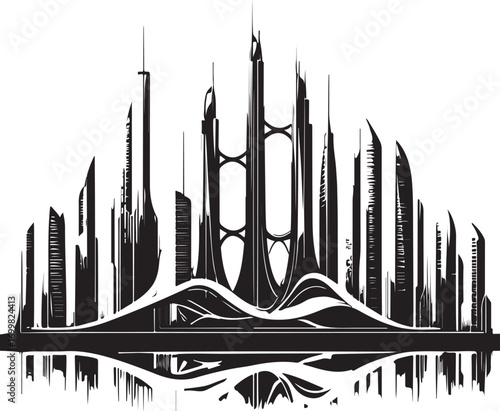 Futuristic city skyline silhouette with abstract organic elements