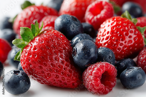 Juicy mixed berries including strawberries, blueberries, and raspberries with water droplets