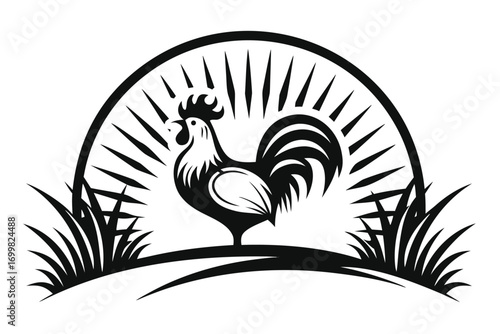 Rooster Silhouette Crowing in Style with Grass and Sun Rays on White
