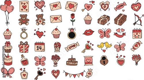 Charming hand-drawn Valentine's Day icons for heartfelt designs, perfect for romantic projects and sweet celebrations, originally a scalable vector graphic
