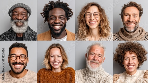 Diverse group of smiling people showing positive emotions in a portrait collage