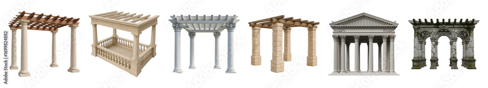 Fototapeta premium Pergola and gazebo set including classical columns, rustic wood, stone arches, and temple facade isolated. Ancient and modern architectural collection.
