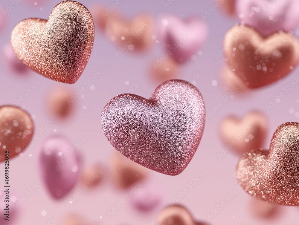 Obraz premium Pink glitter heart floating rose gold heart glitter texture romantic bokeh pastel background valentine decoration