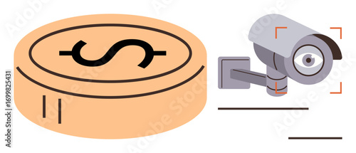 Coin with dollar sign next to surveillance camera framed in focus lines. Ideal for finance, security, surveillance, safety, monitoring, risk management, economy. Simple flat metaphor