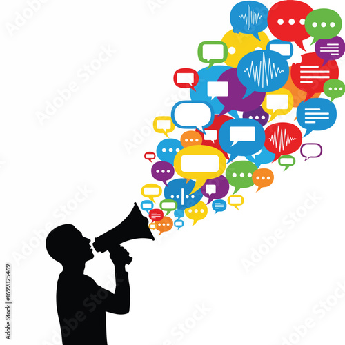 Silhouette of a person using a megaphone to project a large, colorful stream of speech and thought bubbles, symbolizing communication and public address.