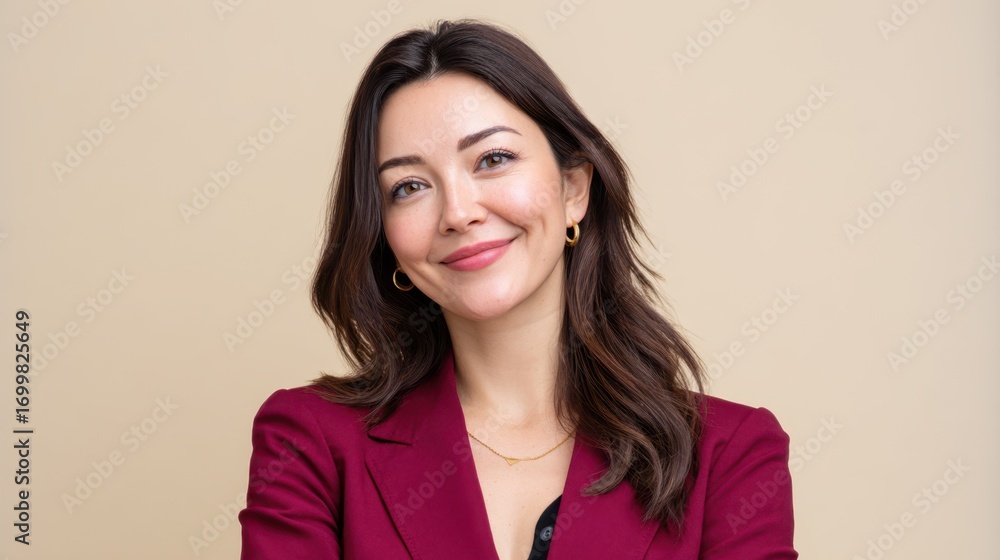 Obraz premium Smiling Kazakh businesswoman wearing professional attire in front of plain background