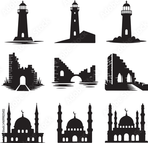 Silhouette icons of lighthouses ancient ruins and mosques Keywords: lighthouse, ruin, ancient