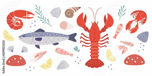 Delightful flat illustration of fresh seafood and ocean elements including fish lobster shrimp shells and lemon slices