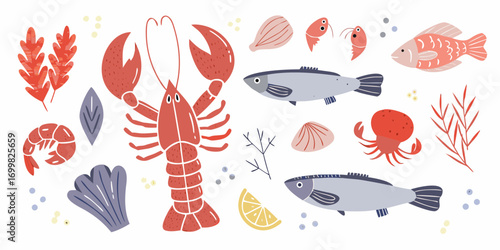 Collection of cute cartoon seafood and ocean life illustrations with plants and lemon slice