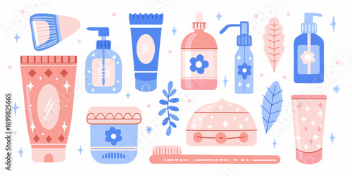 Collection of cute and colorful skincare and personal hygiene products with floral and star accents