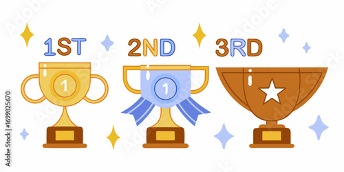 First second and third place trophies with stars and ribbons celebrating achievement