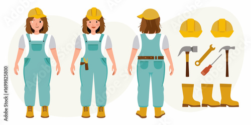 Cartoon female construction worker in overalls and hard hat shown from front side and back with tools and safety gear