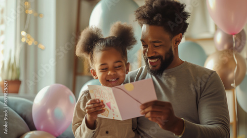 Father and daughter reading birthday card with balloons