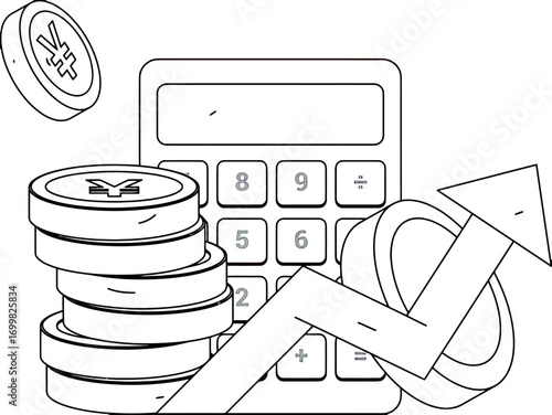 Illustration of calculator coins yen currency growth finance investment business accounting profit earnings 100 vector art illustration and png sticker