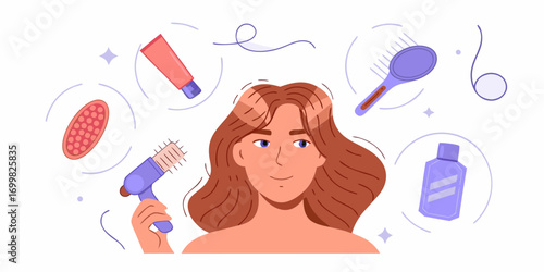 Young woman with long brown hair surrounded by various hair care products and tools for styling and maintenance