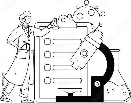 Illustration of doctor with microscope virus research lab coat science medical health clipboard flask test vector art illustration and png sticker