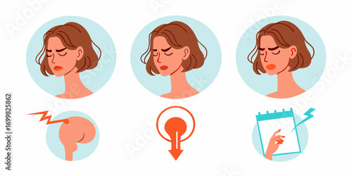 Woman experiencing various symptoms and discomforts possibly related to health or emotional distress