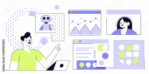 Man interacting with technology and data visualization on computer screens with chatbot and user interface elements