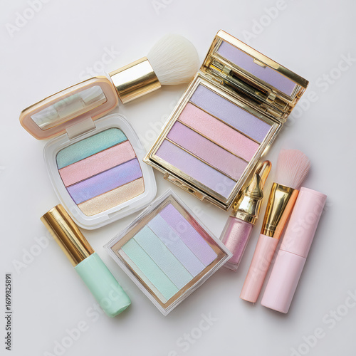 Wallpaper Mural A vibrant collection of pastel-colored makeup products arranged aesthetically, showcasing various cosmetics including blush, lipsticks, and highlighters on a clean white background Torontodigital.ca