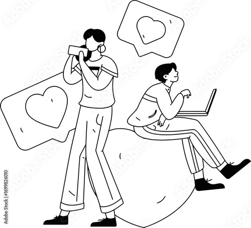 Illustration of social media engagement like heart laptop phone connection online networking communication 100 vector art illustration and png sticker
