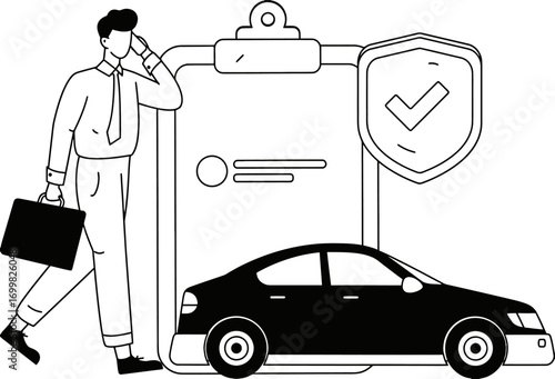 Car insurance auto policy protection coverage claim vehicle accident safety driver finance risk man agent vector art illustration and png sticker