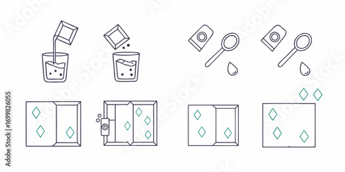 Set of simple line art icons illustrating steps for preparing a drink or supplement from a packet and measuring ingredients