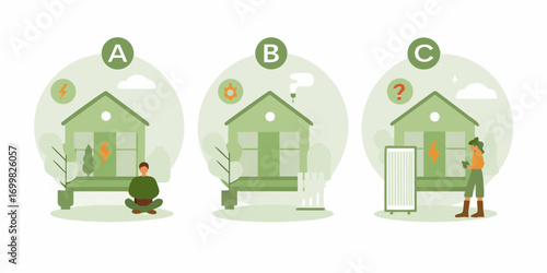 Three houses illustrating different energy solutions and choices for homeowners