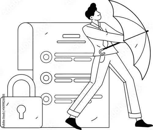 Security protection data privacy umbrella business safety document list checklist lock secure guard vector art illustration and png sticker