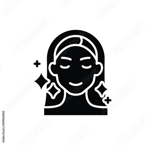 Aesthetic cosmetology icon. Simple glyph style. Shiny skin, anti age skin care, happy woman, plastic surgery clinic concept. Silhouette, solid symbol. Isolated design.