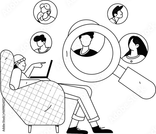 Recruitment hiring job search hr talent acquisition employment candidate selection magnifying glass illustration vector art illustration and png sticker