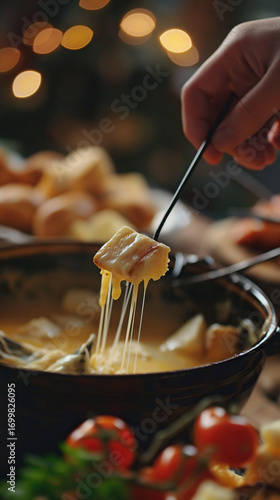 Dipping bread into melted cheese fondue with soft lighting
