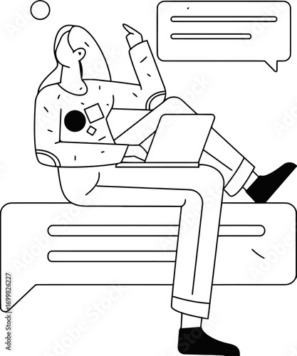 Illustration of woman using laptop for communication chat online working freelance messaging conversation 100 vector art illustration and png sticker
