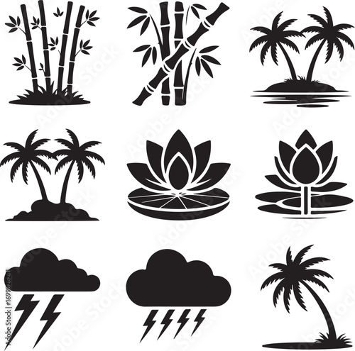 Collection of Tropical Nature and Weather Icons in Silhouette Keywords: bamboo, bamboo stalks, palm