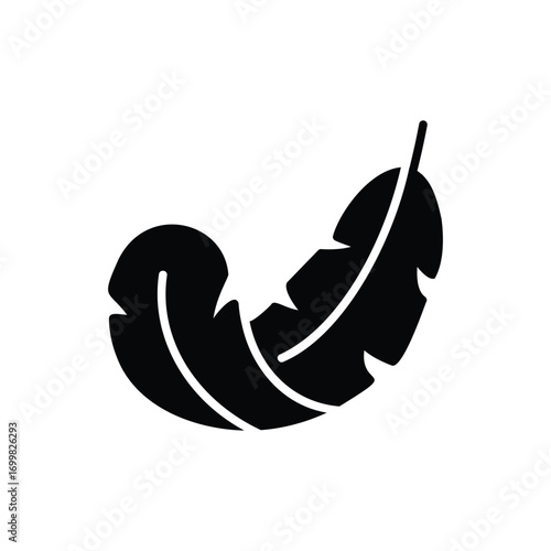 Feather icon. Simple glyph style. Light, weight, smooth, pillow, bird, quill, fluff, falling, lightweight concept. Silhouette, solid symbol. Isolated design.