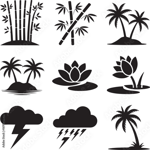 Tropical Nature and Storm Icons in Silhouette Collection Keywords: bamboo, bamboo stalks, palm