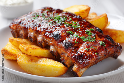 Ribs Bbq Ceramic Served Wedges Potato White With Pla
