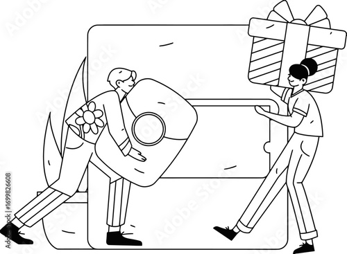 Illustration people gift present box woman man giving sharing birthday celebration holiday surprise vector graphic 100 vector art illustration and png sticker