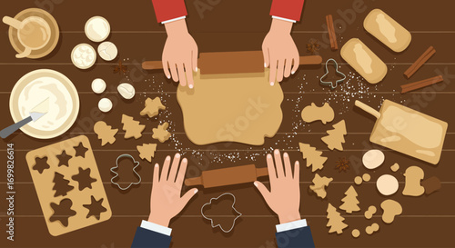 A charming Flat Design vector illustration depicting hands baking Christmas cookies in a clean, minimalist kitchen