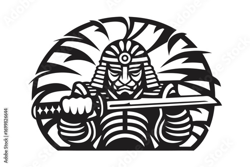 Samurai Warrior Illustration, Asian Knight Holding Sword on White Background