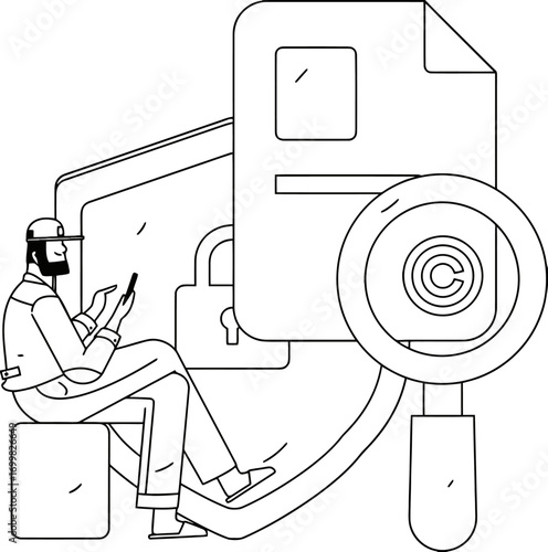 Copyright protection security document file man technology magnifying glass illustration concept vector art illustration and png sticker