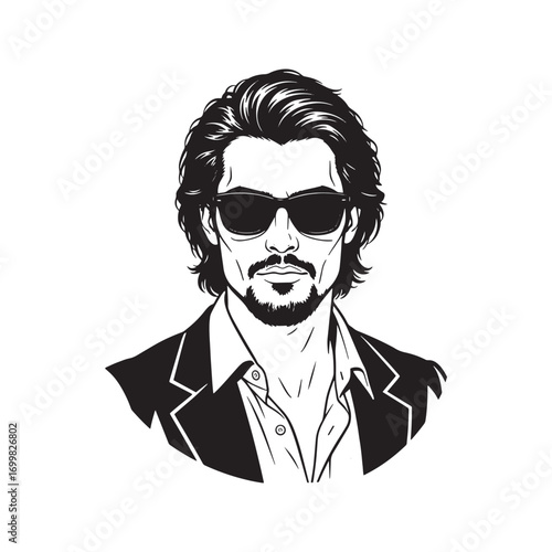 Stylish man with long hair, beard, and sunglasses. Black and white vector line art portrait. Cool and confident male character illustration.
