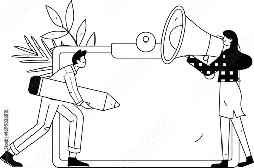 Vector illustration marketing announcement megaphone pencil drawing design business promotion message board 100 vector art illustration and png sticker