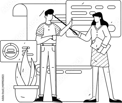Business meeting presentation teamwork collaboration planning strategy discussion analysis review data 100 vector art illustration and png sticker