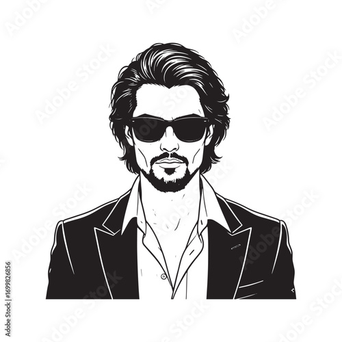 Stylish man with long hair, beard, and sunglasses. Black and white vector line art portrait. Cool and confident male character illustration.
