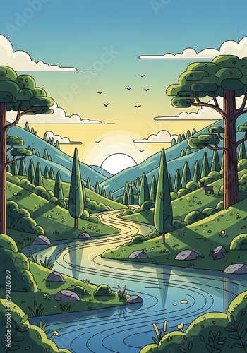 Scenic cartoon valley with river and sunrise nature backdrop scene
